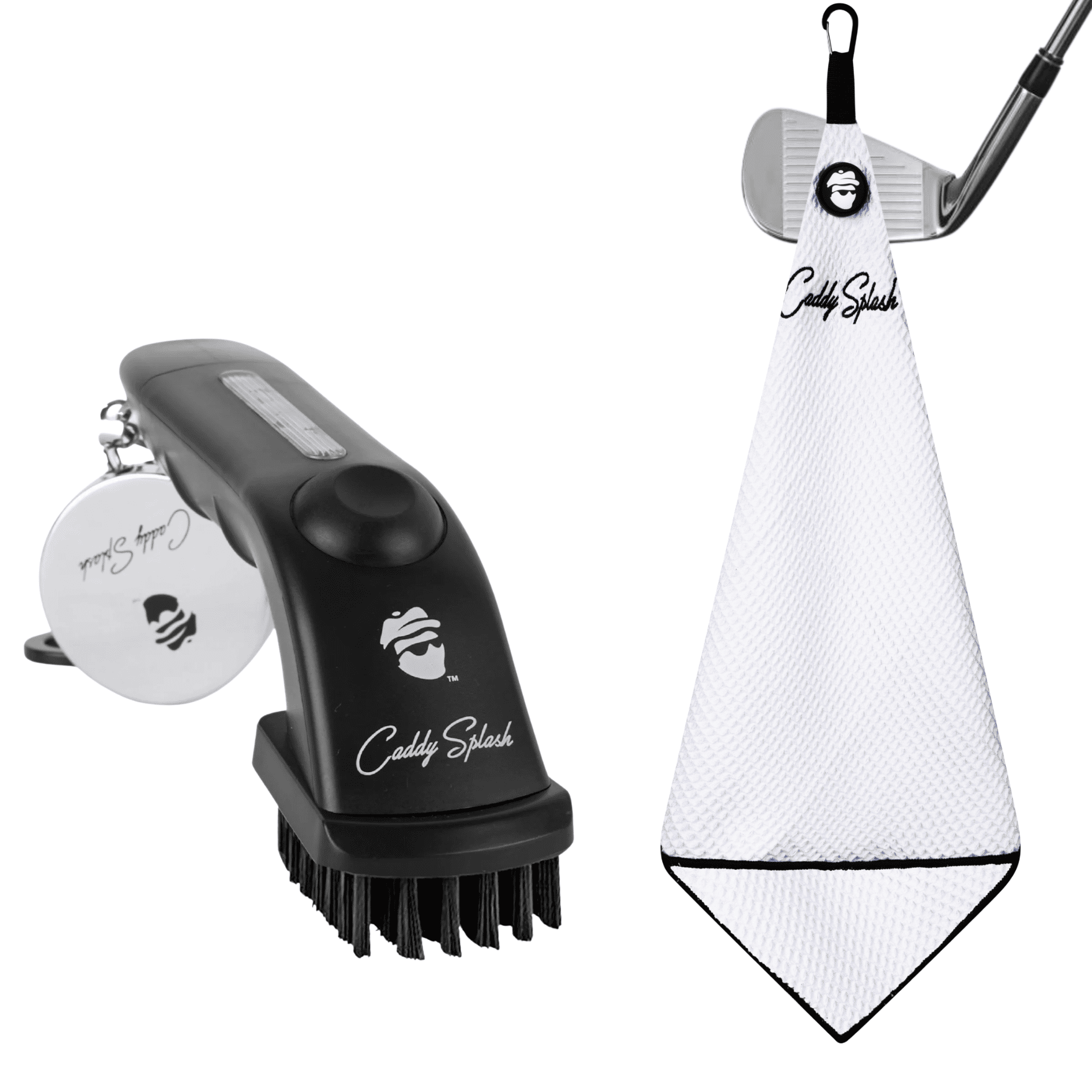 golf club cleaner with water and magnetic golf towel that is white color