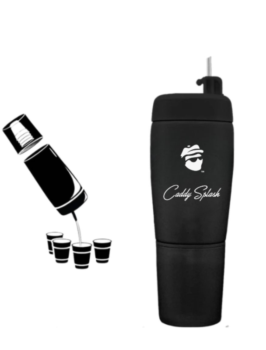 Black insulated drink container with 'Caddy Splash' branding on a white background
