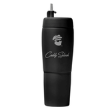Black water bottle with 'Caddy Splash' branding on a white background