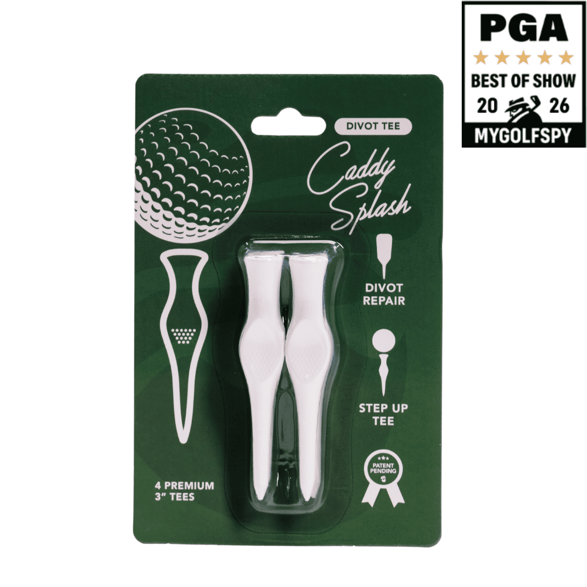 Golf tees packaging with 'Caddy Splash' branding and PGA Best of Show award on a white background