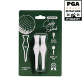 Golf tees packaging with 'Caddy Splash' branding and PGA Best of Show award on a white background